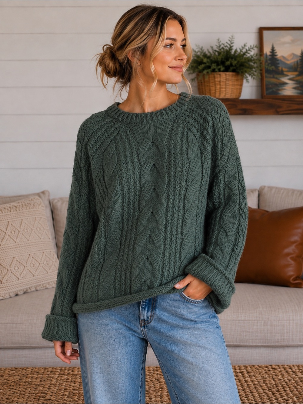 Universal Thread Cable Knit Sweater | Size Small | Forest Green Cozy Pullover